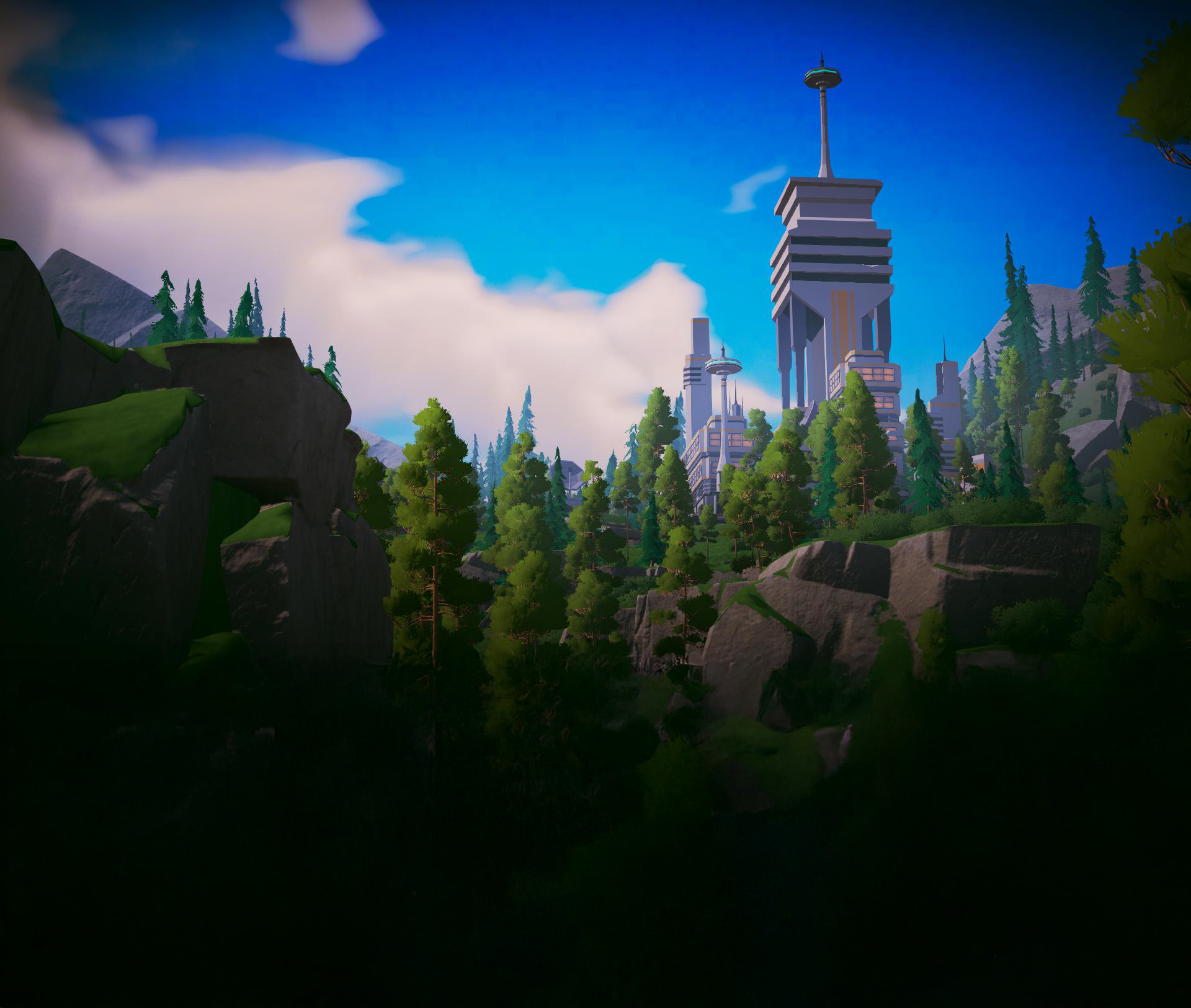 A futuristic city viewed from a forest.